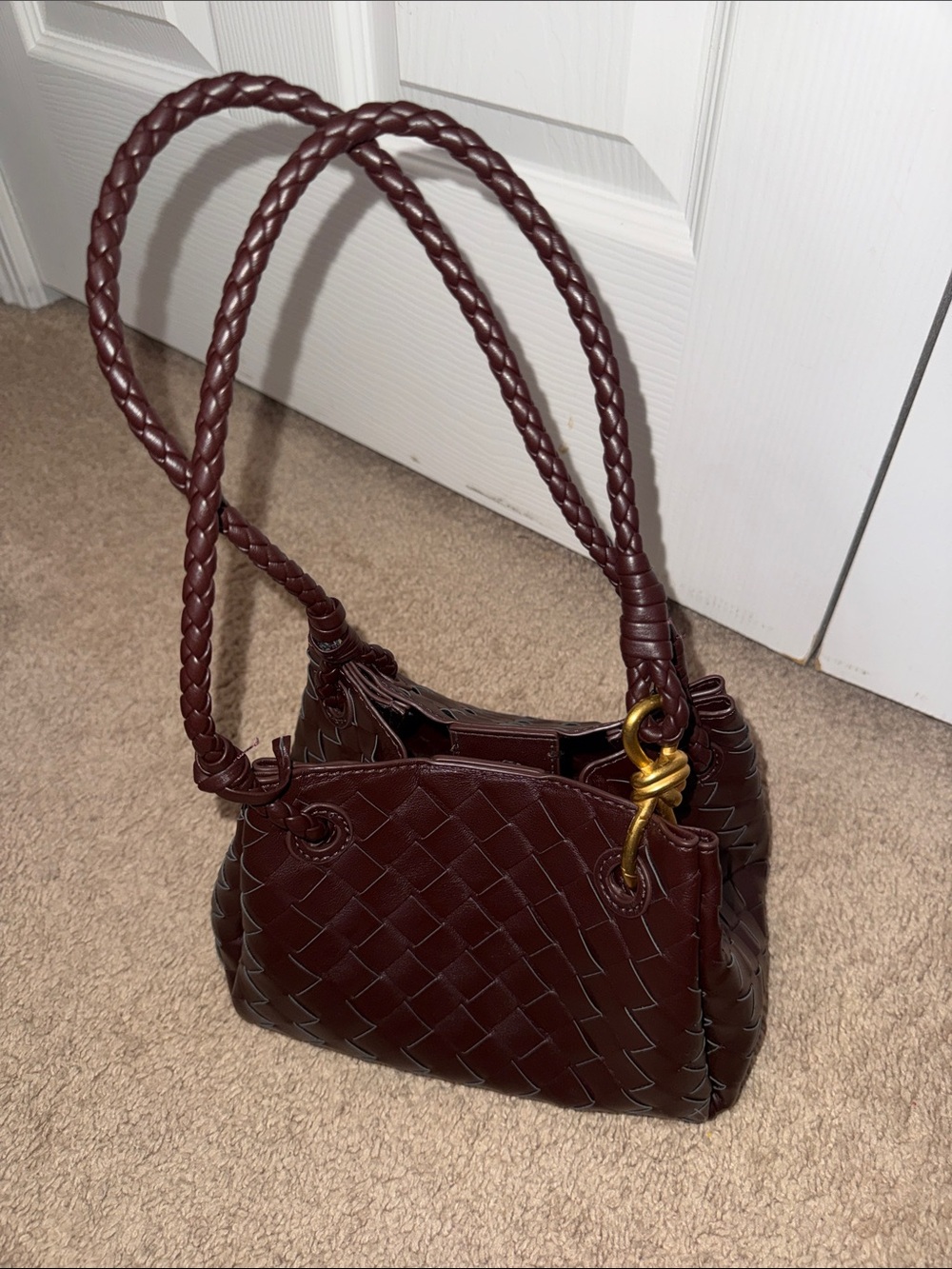 Bottega Veneta Woven Shoulder Bag in Deep Wine with Gold Accent - Picture 2 of 8